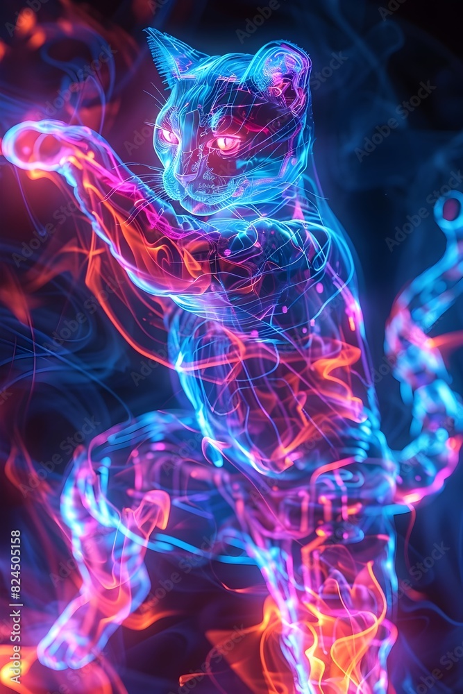 Cybernetically-Enhanced Feline Warrior Wielding Ethereal Energy in Luminous Swirling Vortex Cybernetically-Enhanced Feline Warrior Wielding Ethereal Energy in Luminous Swirling Vortex