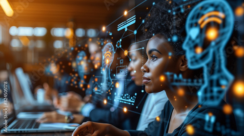 A woman, deeply engrossed, gazes at a computer screen as she absorbs the information displayed before her