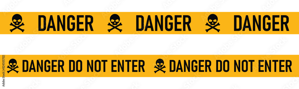 Obraz premium yellow and black danger warning tape set for industrial safety, hazard area, road, construction site. danger tape with skull symbol. vector illustration on transparent background.