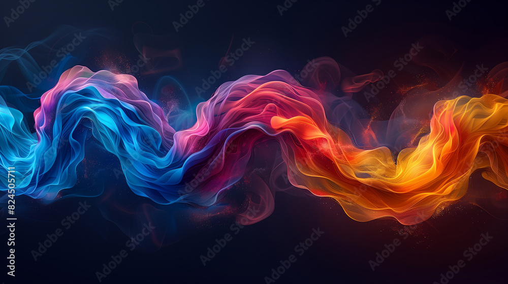 Fototapeta premium Swirling ribbons of colorful smoke create dynamic patterns against a deep black backdrop, forming an ethereal and captivating display of abstract art