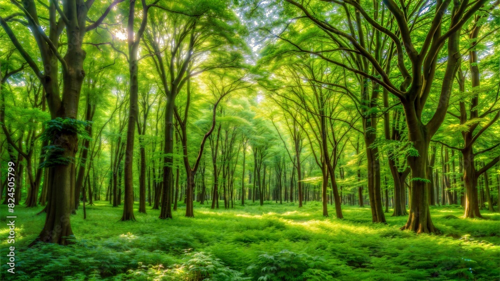 A sunlit path winds through a vibrant green forest in the early morning light A sunlit path winds through a vibrant green forest in the early morning light