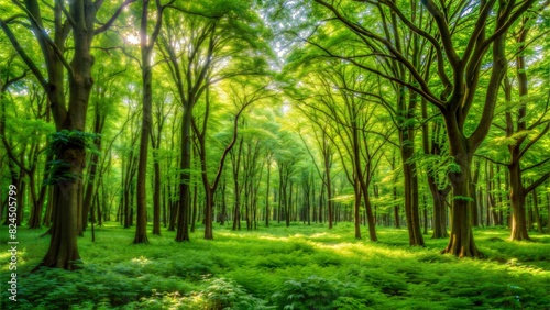 A sunlit path winds through a vibrant green forest in the early morning light