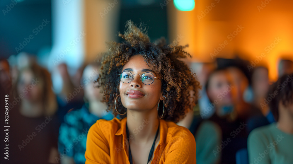 A woman with glasses confidently leads a group of people in a discussion, sitting at the forefront