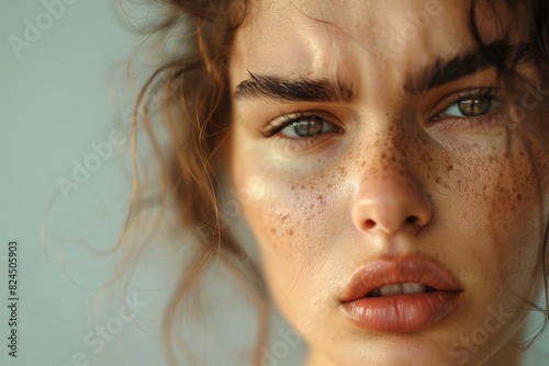 Pensive young woman with freckles and windblown hair