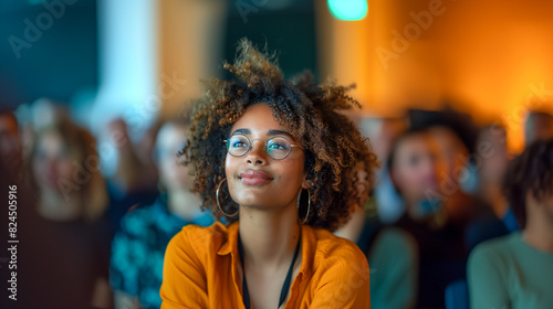 A woman with glasses confidently leads a group of people in a discussion, sitting at the forefront