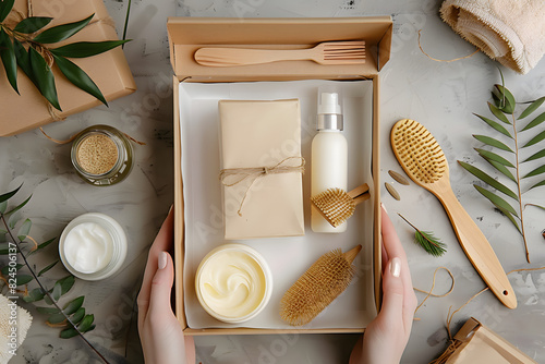 Beauty subscription Box preparation. Female hands holding gift box with natural skincare products, body brush, shampoo, soap, moisturizer. photo