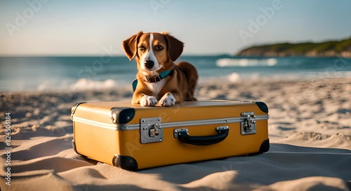 Dog in a suitcase on the beach. Travel dog concept. photo