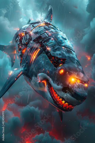 Cyborg Shark Warrior Traversing Surreal Chromatic Environment with Glowing Optics and Metallic Appendages