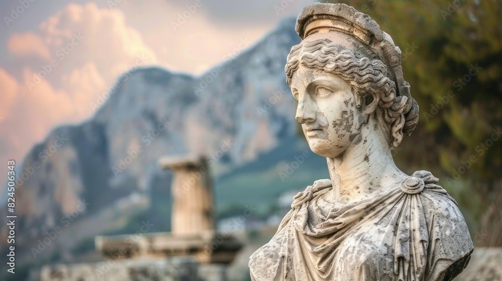 Fototapeta premium ancient greek statue overlooking mountain landscape