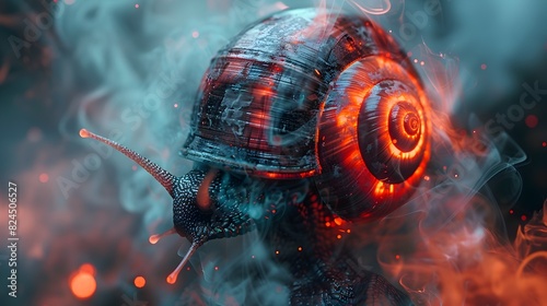 Cyborg Snail Warrior with Plasma Cannons and Razor-Sharp Pincers in Neon-Colored Smoke photo
