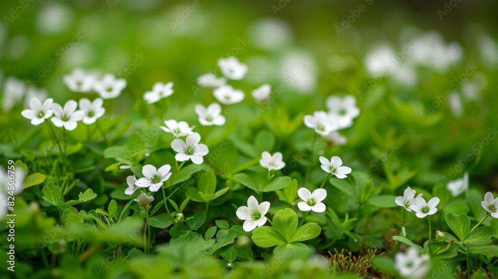 Delicate white flowers blooming in lush green foliage Delicate white flowers blooming in lush green foliage