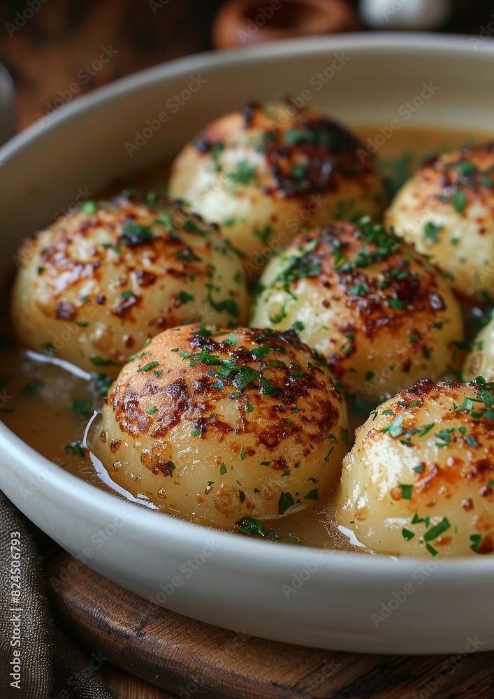 Knödel - Potato or bread dumplings served with gravy. Knödel - Potato or bread dumplings served with gravy.