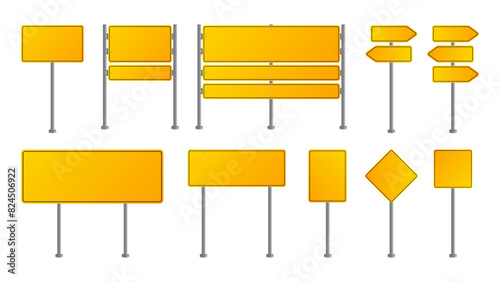 Road Traffic Sign Mockup Vector Illustration. Blank Board, Information, Direction. Realistic Blank Signboards on Roads. Yellow Blank Boards and Traffic Road Signs. Vector.