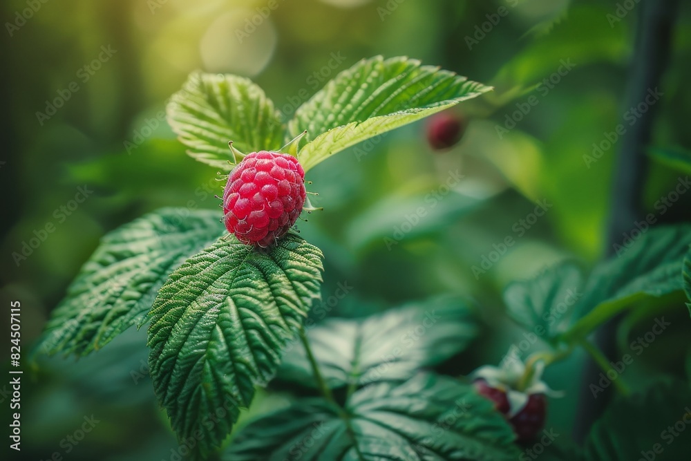 Ripe red raspberry on green leaves Ripe red raspberry on green leaves