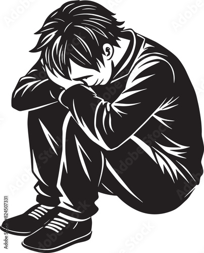 silhouette of a alone person sitting illustration black and white