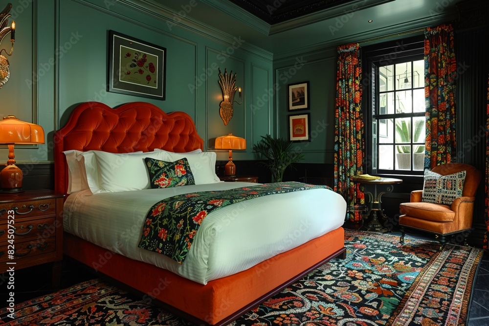 Boutique hotel room with unique decor and luxurious amenities