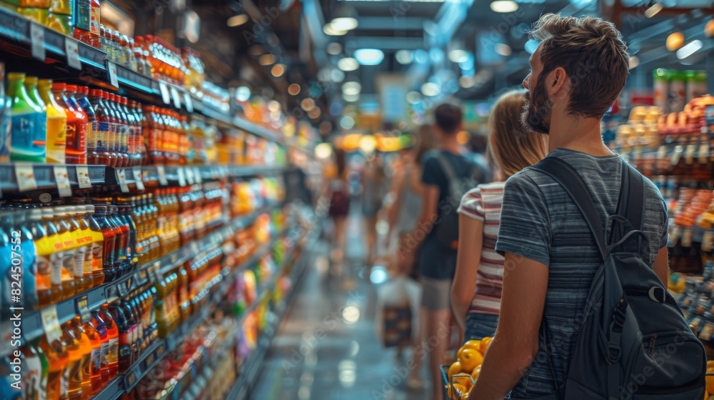 Customers blurred shopping in the brightly lit aisles of a modern grocery store with shelves stocked with products