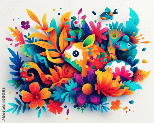 A colorful drawing of a rabbit and a bird surrounded by flowers