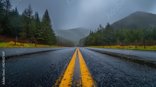 Wet road in misty, mountainous landscape lined with lush evergreen trees, perfect for travel, adventure, and nature-themed projects.