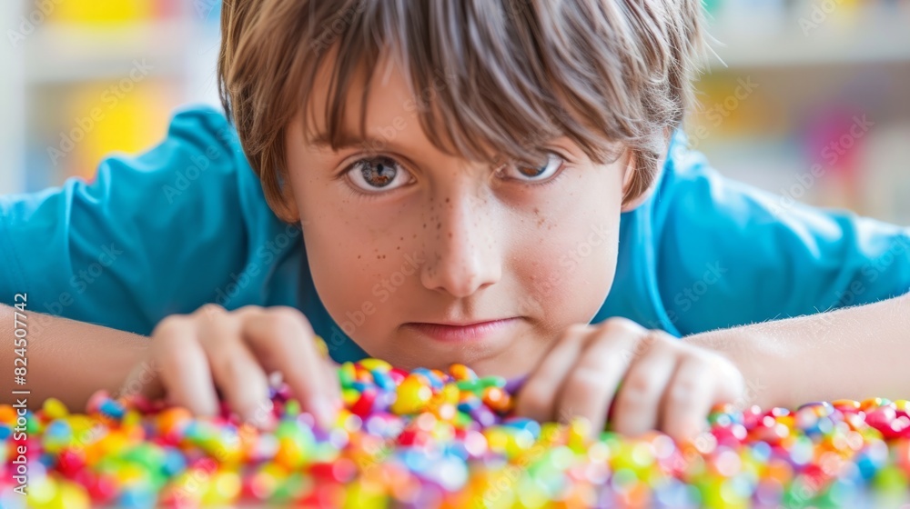 Boy Playing with Colorful Candy, Capturing Childhood Curiosity and Playfulness, Bright Colors and Expressions in Focus Boy Playing with Colorful Candy, Capturing Childhood Curiosity and Playfulness, Bright Colors and Expressions in Focus