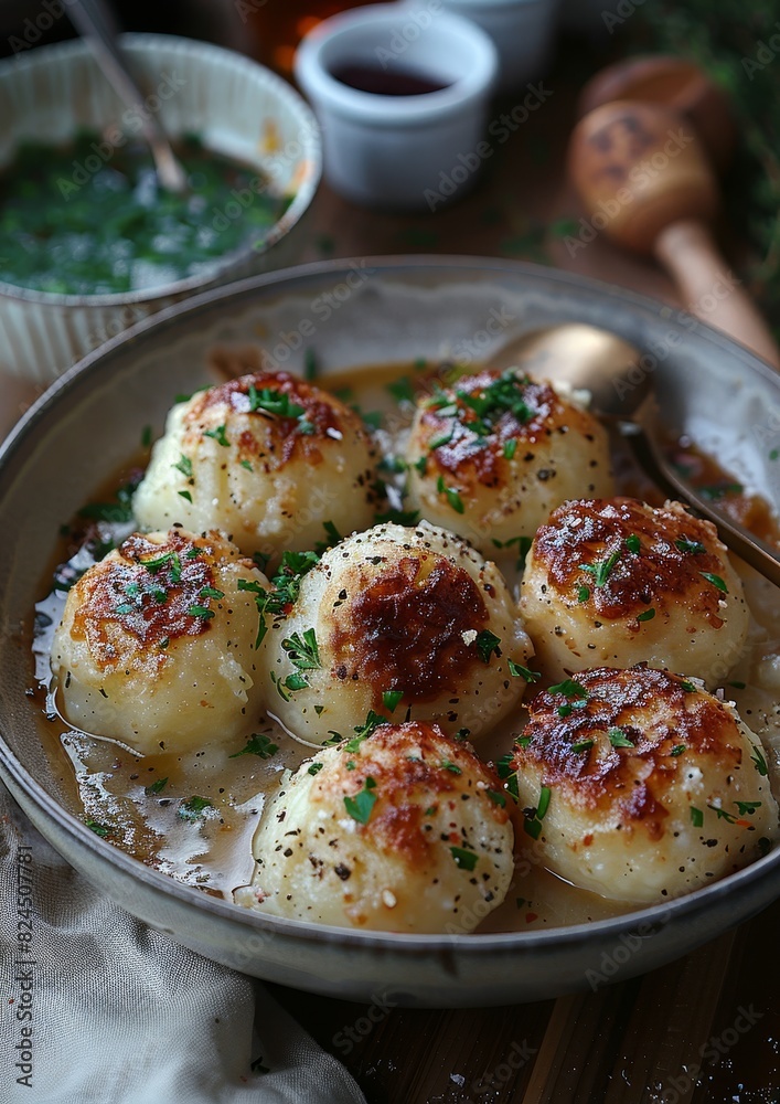 Knödel - Potato or bread dumplings served with gravy. Knödel - Potato or bread dumplings served with gravy.
