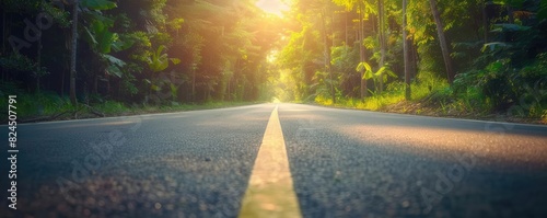 Sunny road in the middle of a forest, with sunlight casting a warm glow on the trees and pavement, creating a peaceful and scenic atmosphere. photo