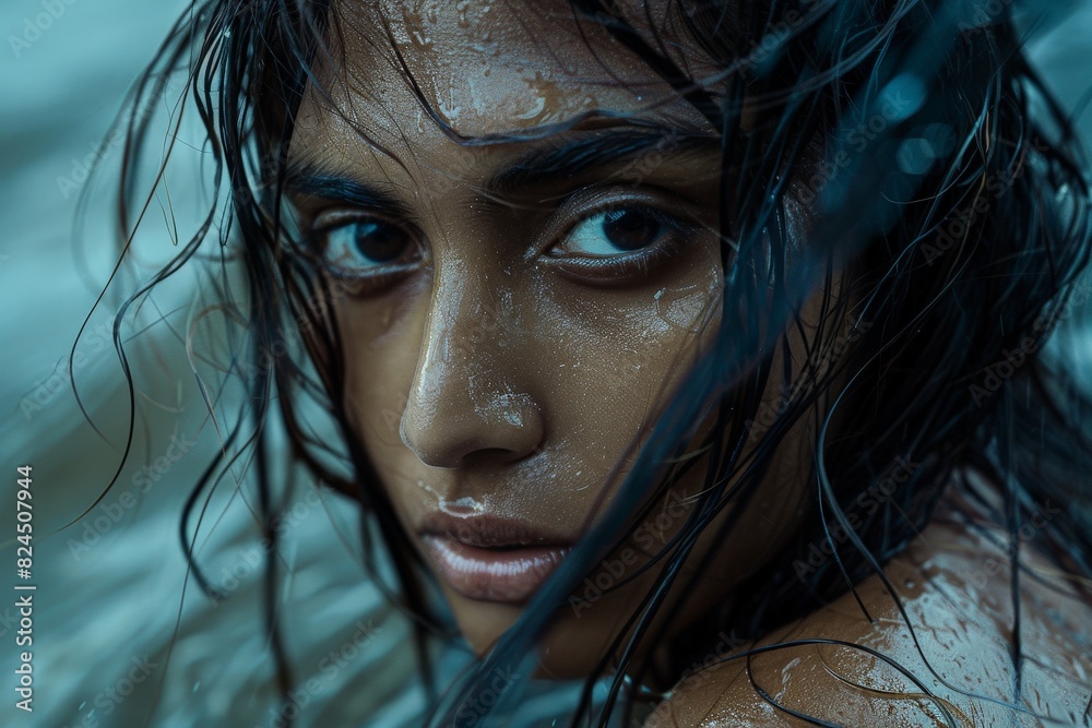 Pensive young woman with wet hair Pensive young woman with wet hair