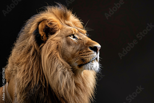 a lion looking up with a black background