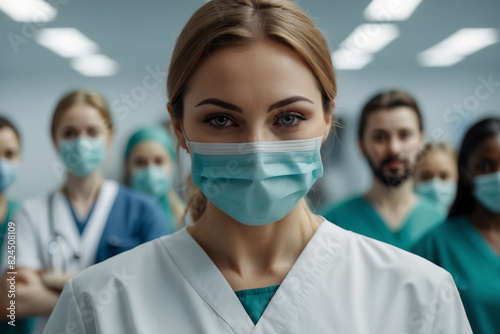 Young female doctor against the background of her work colleagues, close-up portrait