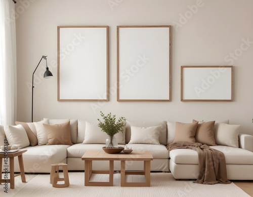 Frame mockup, ISO A paper size. Living room wall poster mockup. Living Room. Interior mockup with house background. Modern interior design. 3D render © Sharif54
