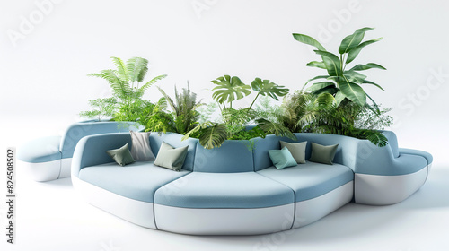 Futuristic  soft blue seating with a green plant pot  An abstract design for the future isolate on a white background  