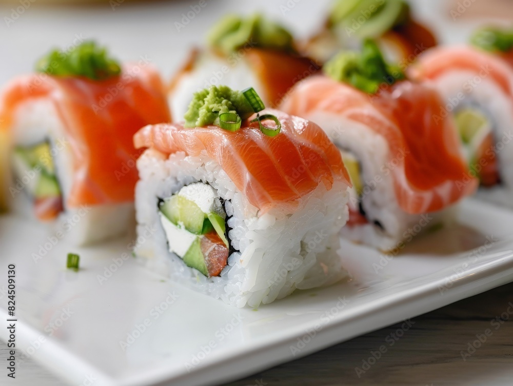 Delicious sushi rolls with salmon and cucumber Delicious sushi rolls with salmon and cucumber