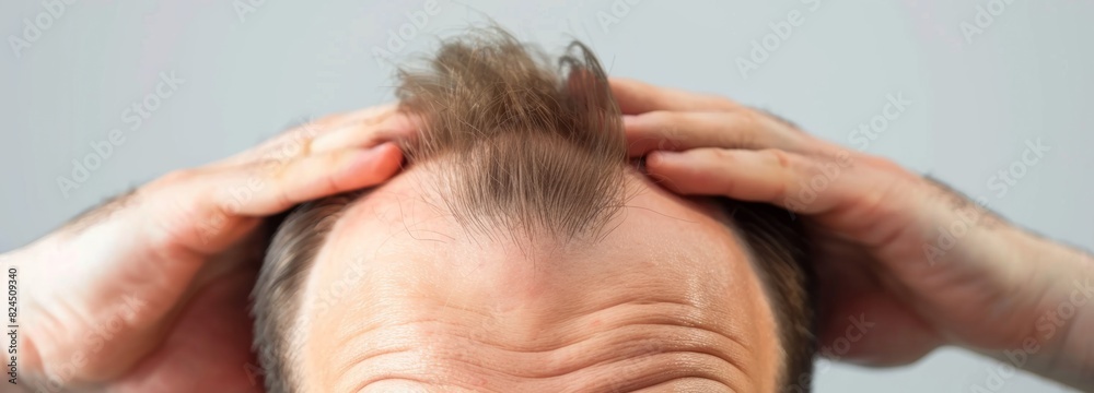Fototapeta premium Male Experiencing Hair Loss with Hands on Bald Head - Close-Up