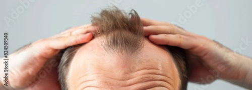 Male Experiencing Hair Loss with Hands on Bald Head - Close-Up