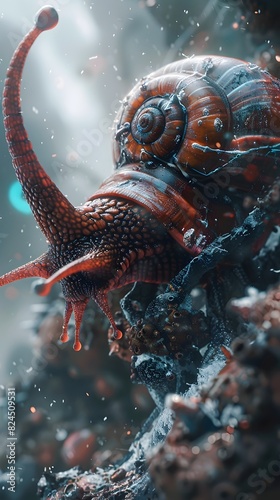 Meticulously Crafted Cyborg Snail Combatant in Otherworldly Vapor-Shrouded Environment