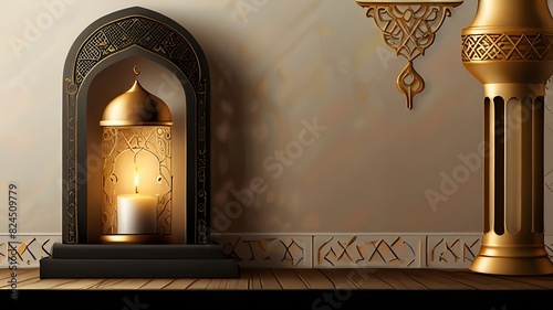 golden Mosque and Islamic lamp design background for Eid Mubarak banner