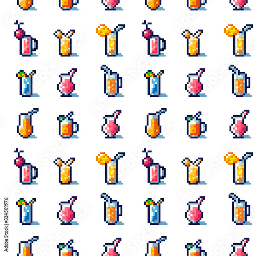 Simple pixelated summer drinks pattern, vector illustration