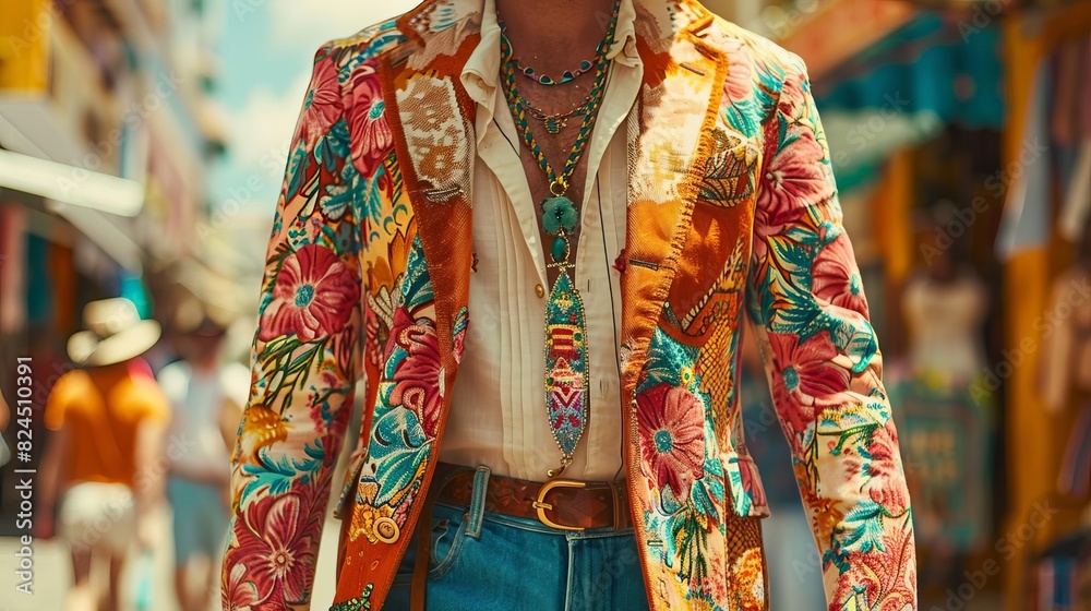 Show a time traveler navigating through the 1960s, with vibrant fashion, music festivals, and cultural icons, Close up