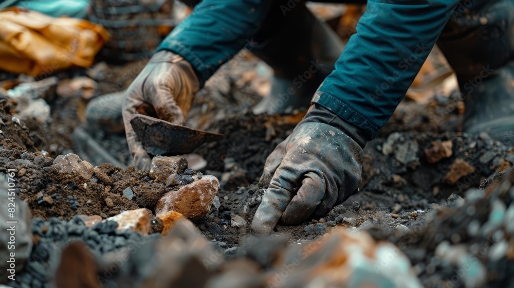 Show an archaeological dig site where ancient bronze artifacts are being uncovered and carefully examined, Close up Show an archaeological dig site where ancient bronze artifacts are being uncovered and carefully examined, Close up