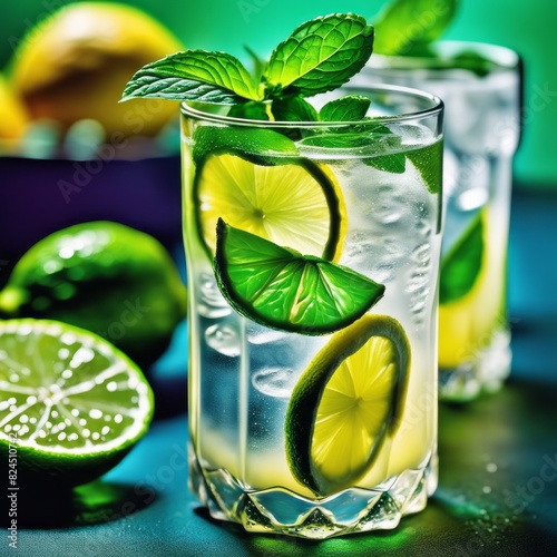Cold and refreshing infused water with lime, mint and ice in glass. Copyspace