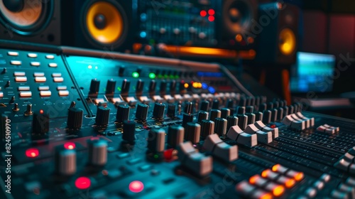 A professional equalizer used in a recording studio, surrounded by other audio equipment, on a dark, industrial background.