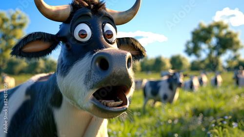 a cartoon cow in a field photo