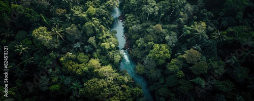 Aerial view of lush, dense rainforest with a flowing river cutting through the natural landscape, showcasing pristine wilderness and vibrant greenery.