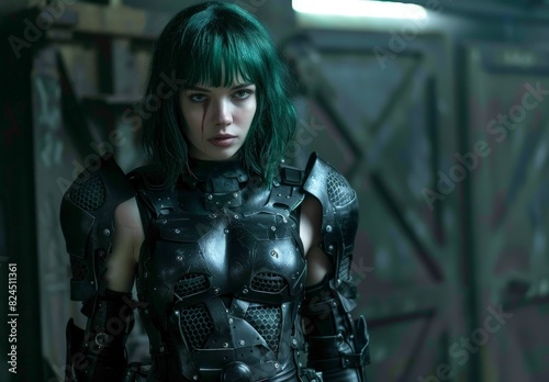 Futuristic warrior woman with green hair