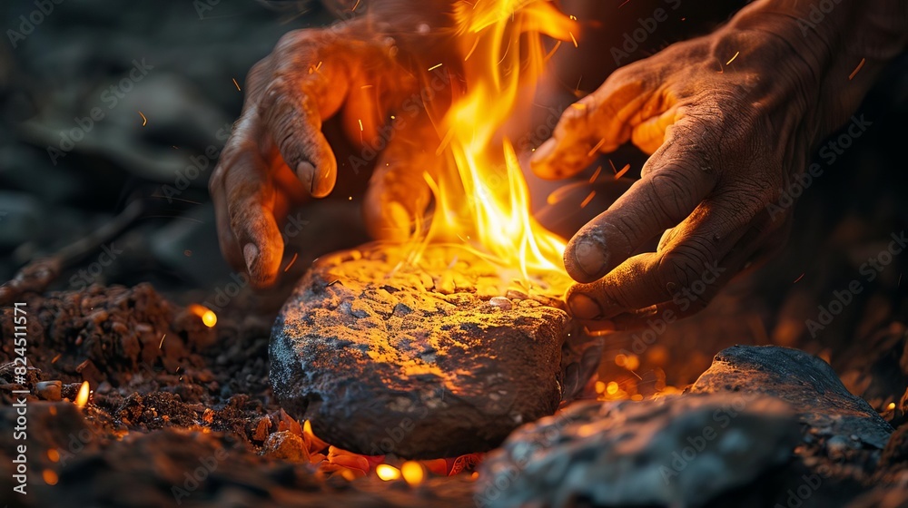 Naklejka premium Show the use of fire for toolmaking, with early humans heating stones to craft sharper, more effective implements, Close up