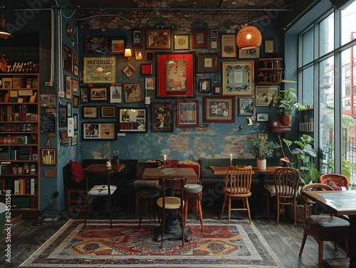 Eclectic bistro with mismatched furniture and a collection of art