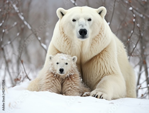 A large polar bear and her cub rest on the icy tundra. AI.
