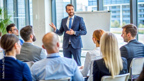 Corporate Trainer: A close-up of a corporate trainer conducting a workshop, showcasing training and development. 