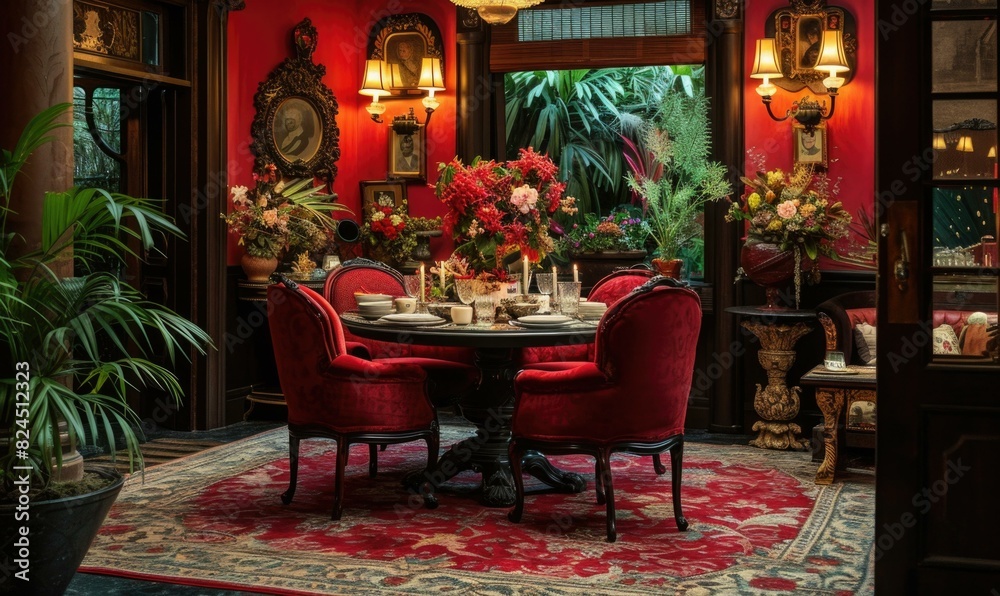 Luxurious dining room with a round table set for four, featuring red velvet chairs, a red patterned rug, and lush plants. AI. Luxurious dining room with a round table set for four, featuring red velvet chairs, a red patterned rug, and lush plants. AI.