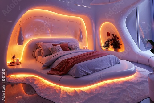 Futuristic bedroom with dynamic lighting and modular furniture photo